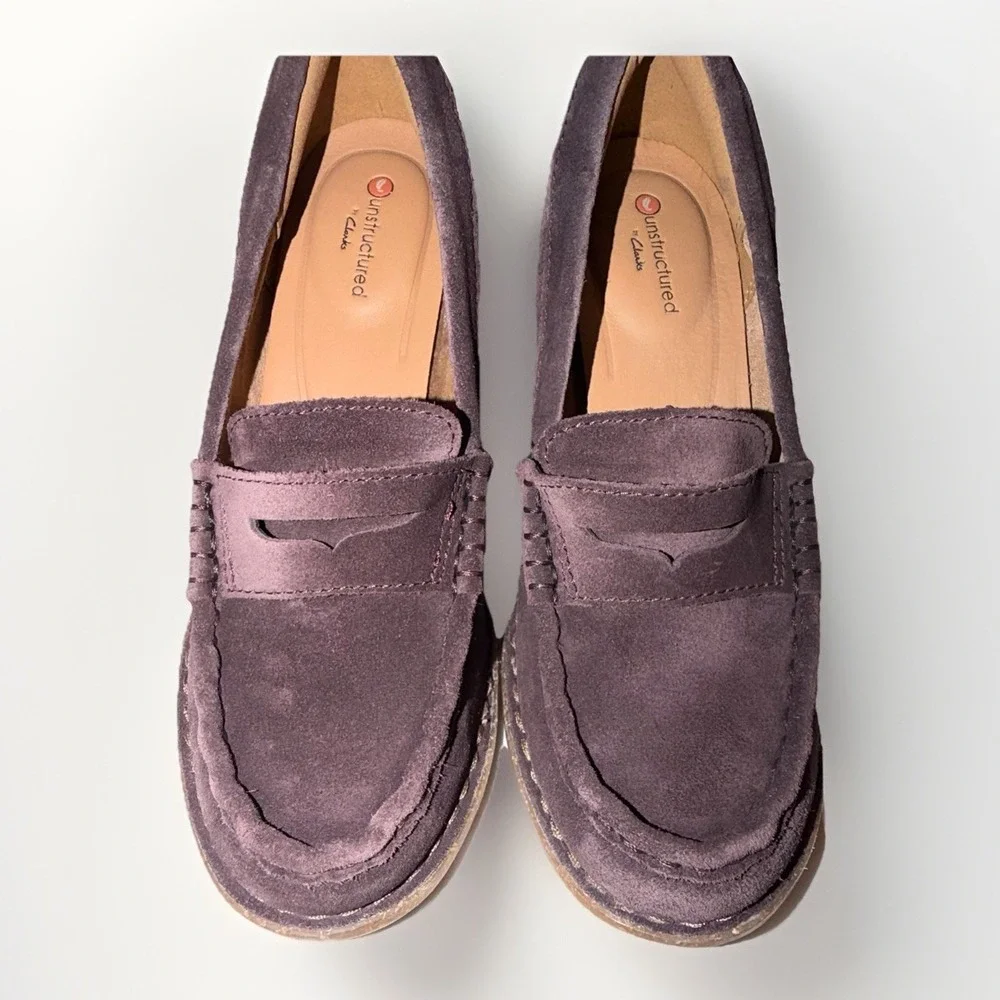 Clarks Unstructured Carleta Belle Womens Purple Suede Heeled Penny Loafer SZ 6.5